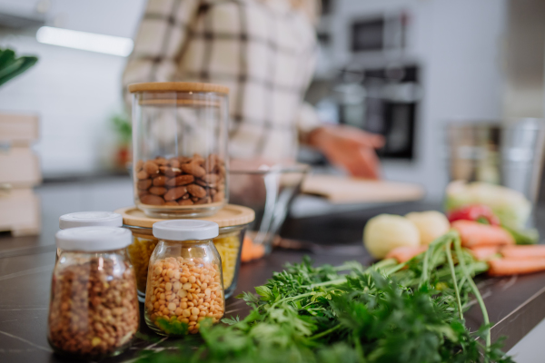 An unpacked local food in zero waste packaging on kitchen counter at home.