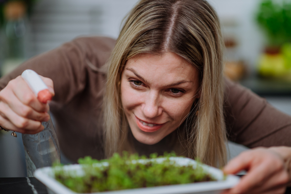 A woman spraying plants growing from seed in mini greenhouse at home.