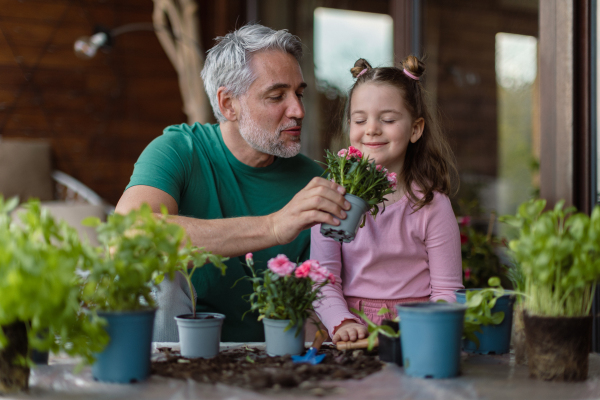 A little daughter helping father to plant flowers, home gardening concept