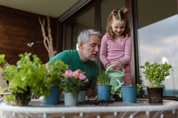 A little daughter helping father to plant and water flowers, home gardening concept