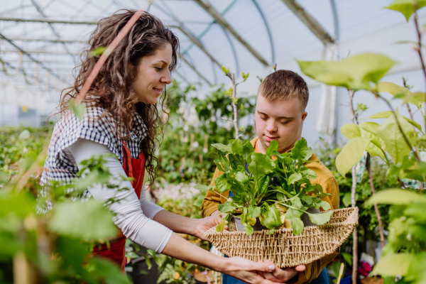 An experienced woman florist helping young employee with Down syndrome in garden centre.