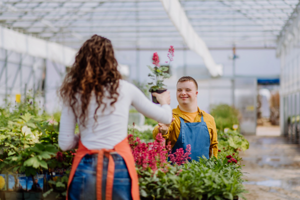 An experienced woman florist helping young employee with Down syndrome in garden centre.