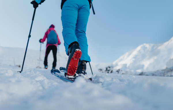 A lowsection of ski touring couple hiking up in the Low Tatras in Slovakia.