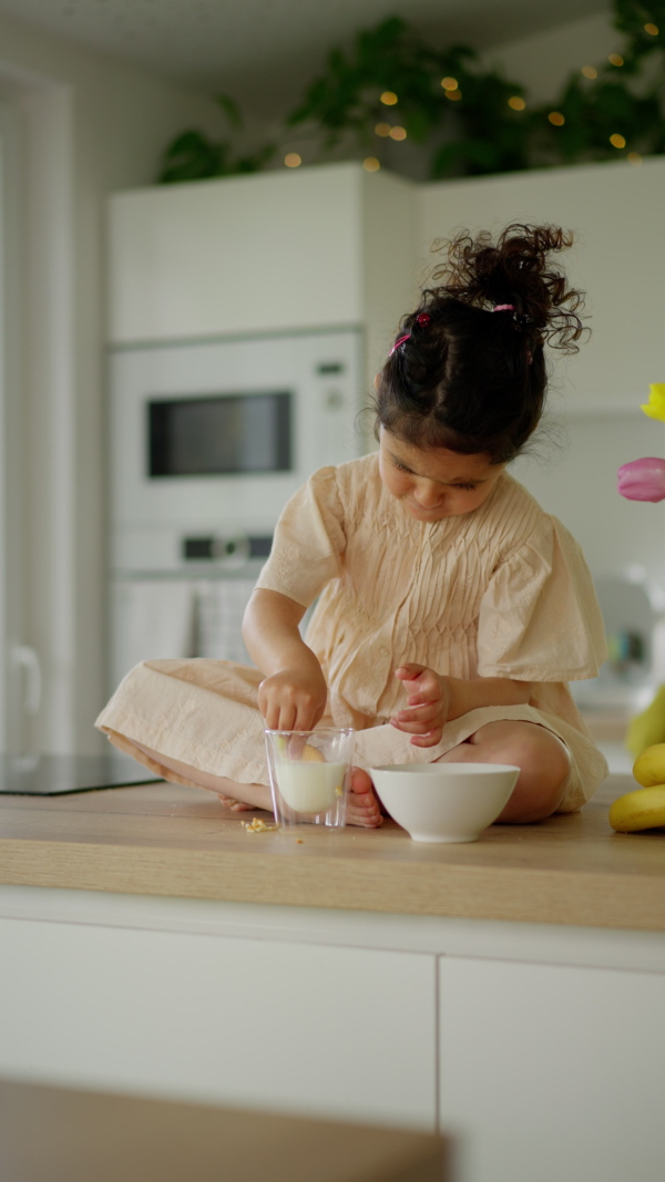 A little girl eating biscuit with milk at home.