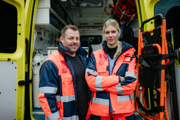 Portrait of rescuers, colleagues in front of ambulance car.