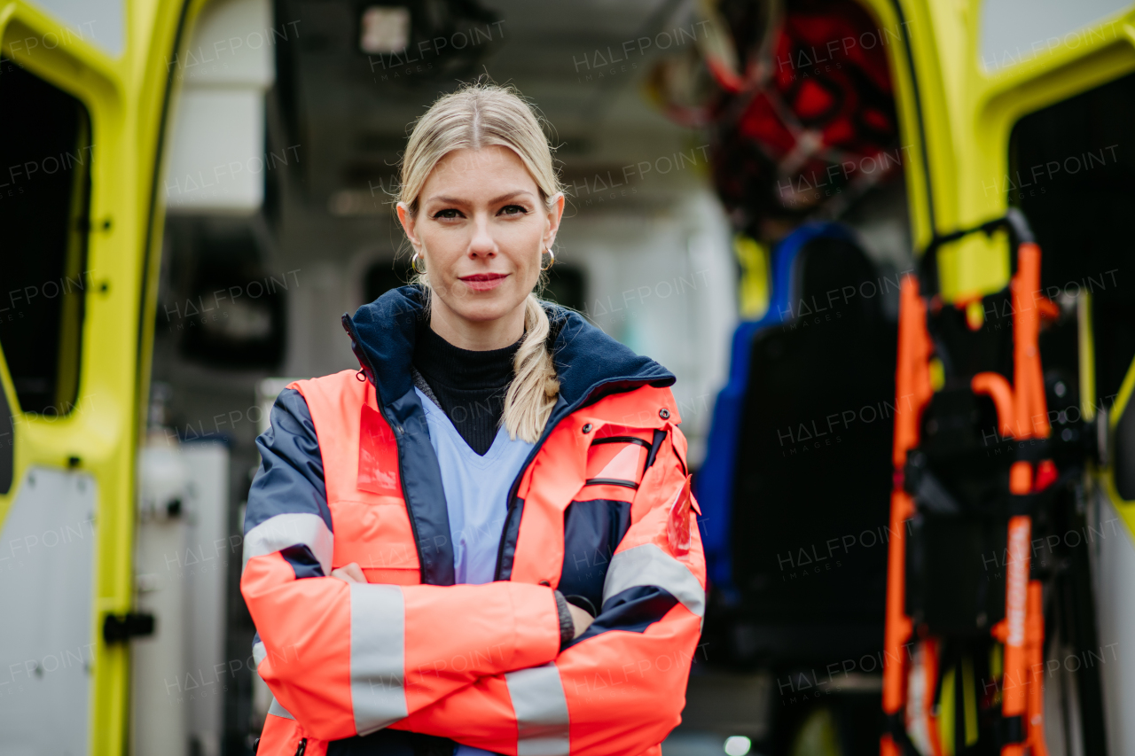 Portrait of a young woman doctor standing in front of ambulance car.