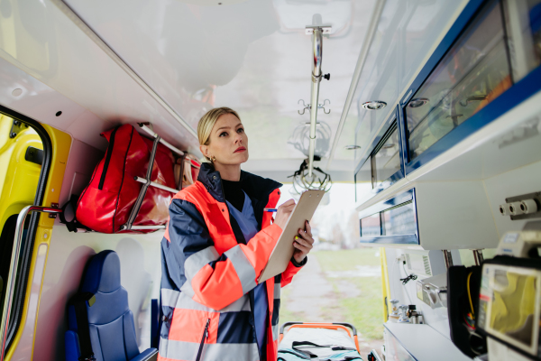 Young rescuer doctor checking equipment in an ambulance car.