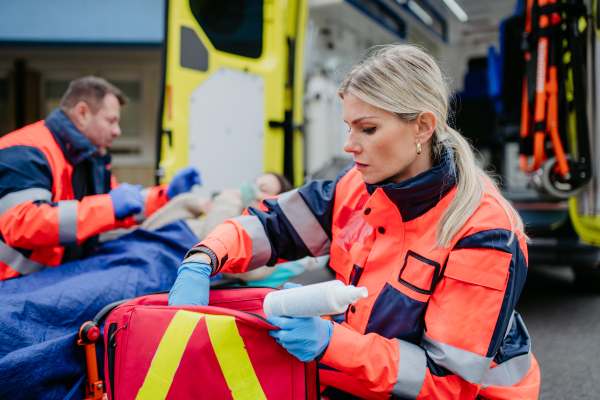 Rescuers taking care of a patient, preparing her for transport.