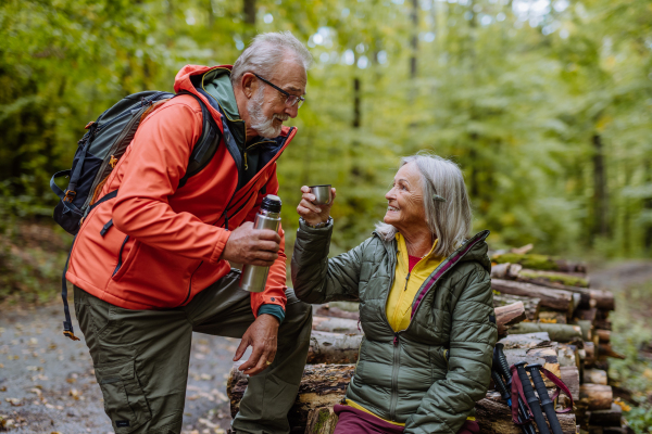 Senior couple having a break during hiking in autumn forest.