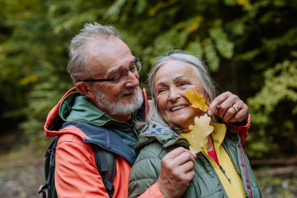 Senior couple in love huging each other in autumn forest.