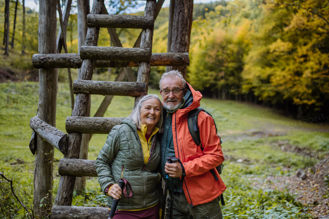 Happy senior couple walking in autumn forest near hunting high seat.