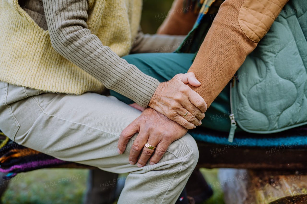 Mid section of senior couple sitting on a bench and hugging each other.