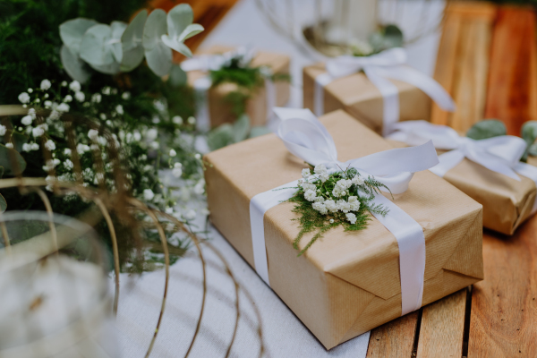 High angle view of wedding gift wrapped in an eco paper papckaging and flower decoration.