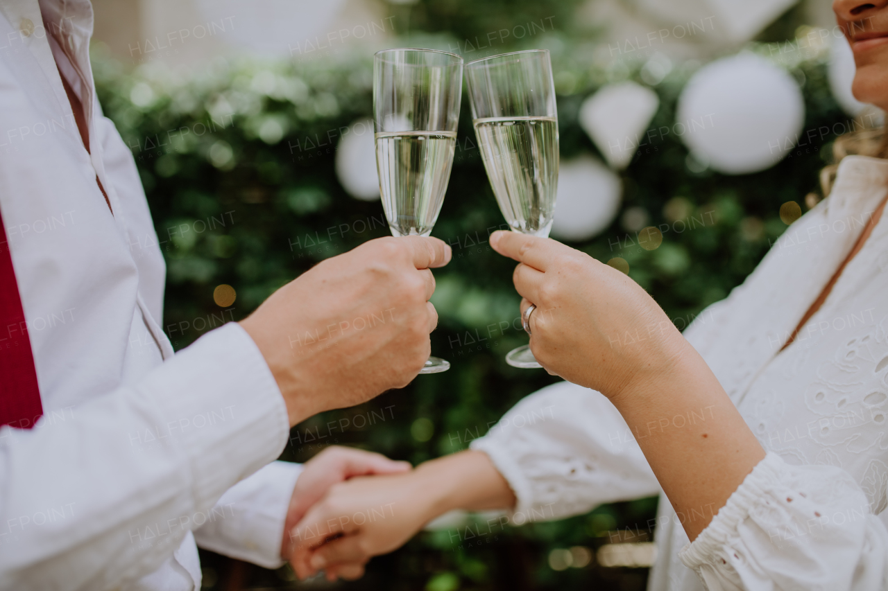 Close-up of wedding toast of bride and groom, outdoor.