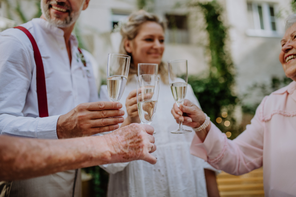 A mature bride and groom toasting with guests at wedding reception outside in the backyard.