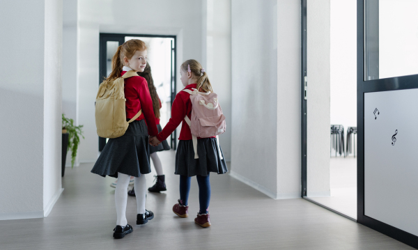 A happy schoolgirl with Down syndrome classmate in uniform walking in scool corridor with classmates, rear view.