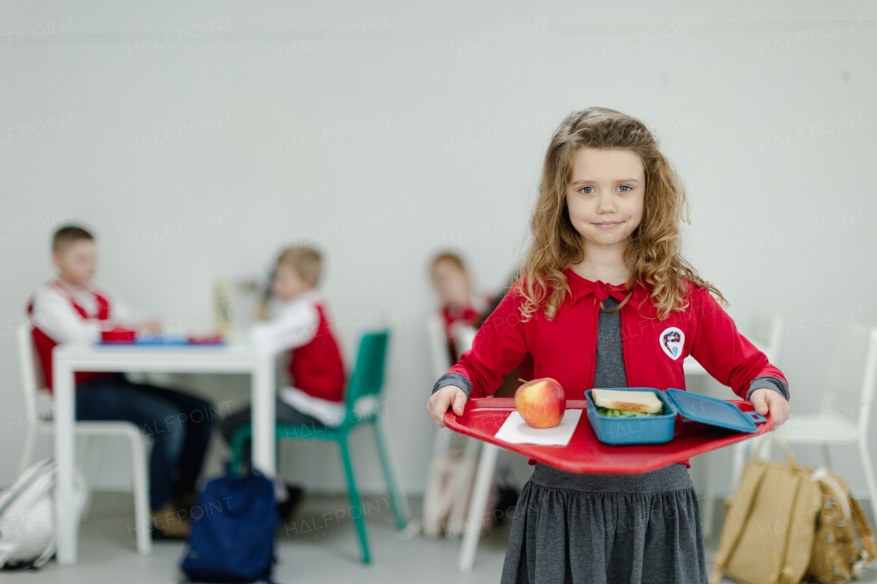 A happy schoolgrirl in uniform holding tray with lunch in school canteen.