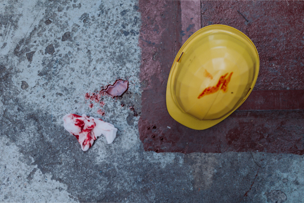 A helmet and tissue with blood stains and blood on the floor, work accident concpet.