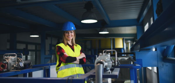 A portrait of female engineer working in industrial factory