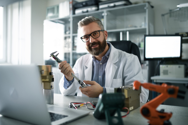 A robotics engineer working on desing of modern robotic arm adn sitting at dest in laboratory.