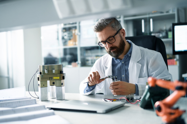 A robotics engineer working on desing of modern robotic arm adn sitting at dest in laboratory.