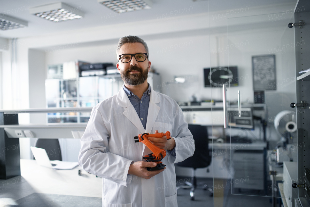 Robotics engineer man holding modern robotic arm in laboratory office.