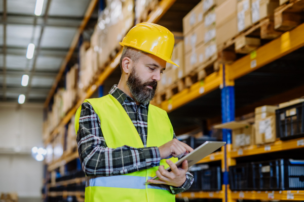 Portrait of a warehouse worker or a supervisor with digital tablet.