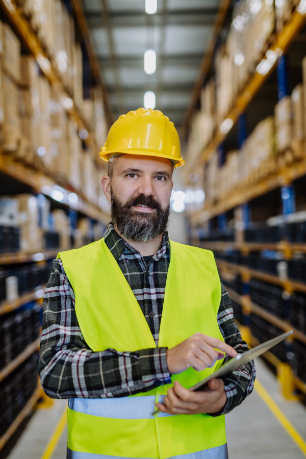 Portrait of a warehouse worker or a supervisor with digital tablet.