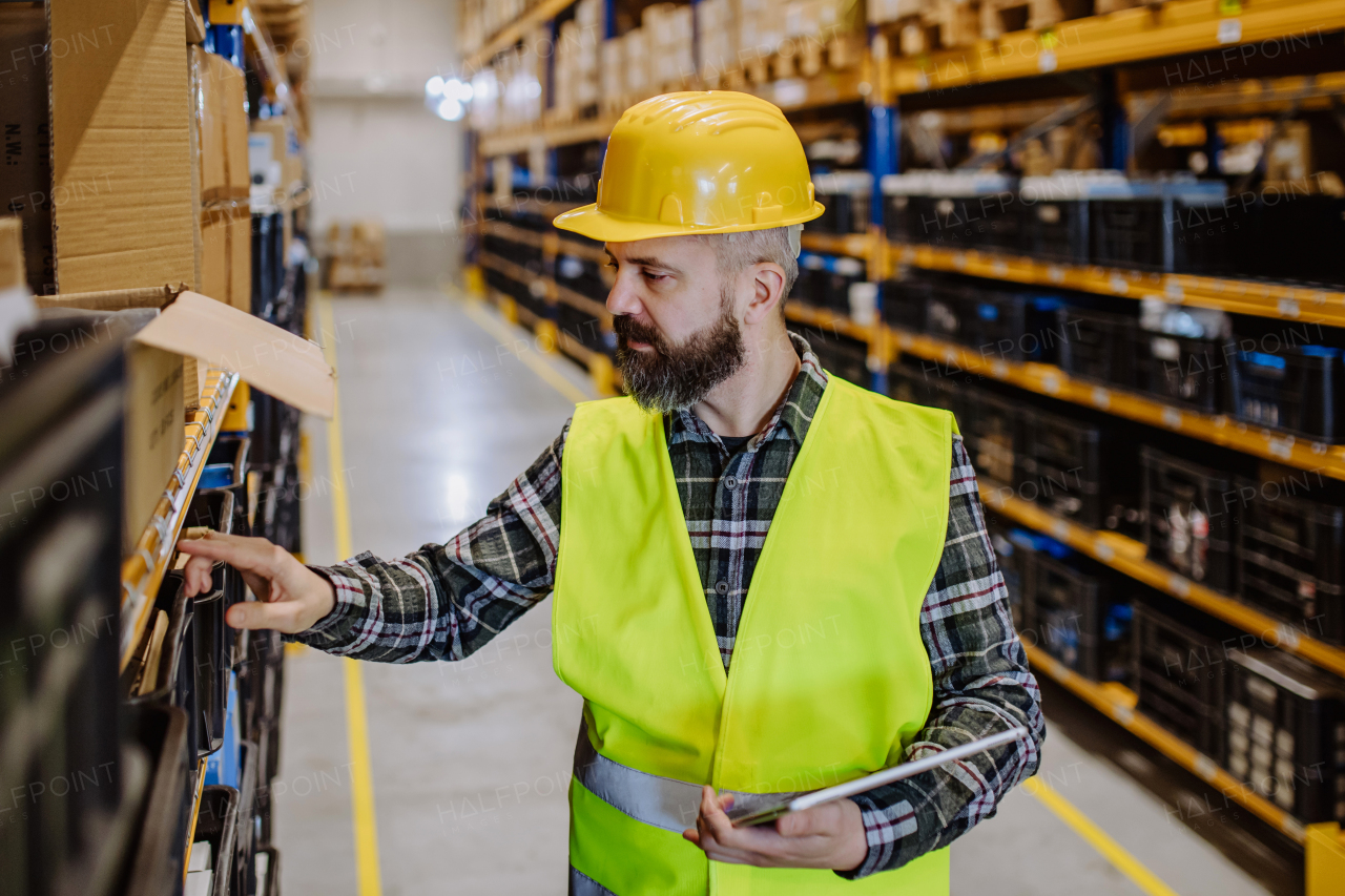 Warehouse worker checking up stuff in warehouse.