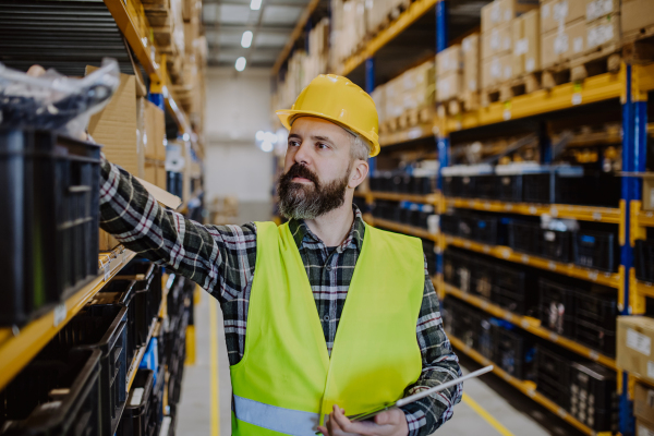 Warehouse worker checking up stuff in warehouse.