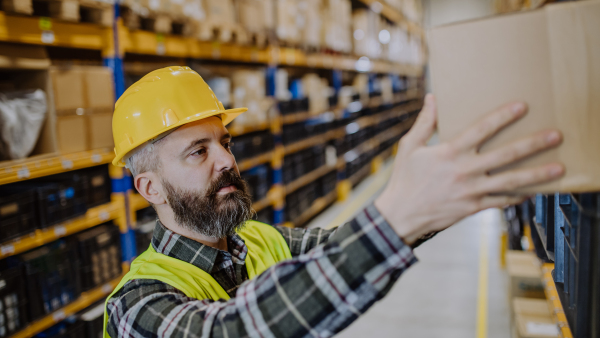 Warehouse worker checking up stuff in warehouse.