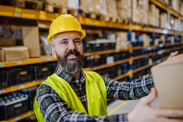 Warehouse worker stocking goods in warehouse.