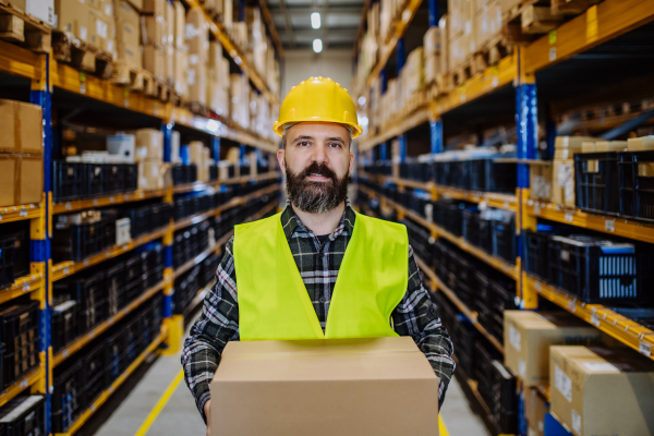 Warehouse worker stocking goods in warehouse.