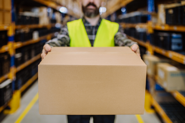 Close-up of warehouse worker stocking goods in warehouse.