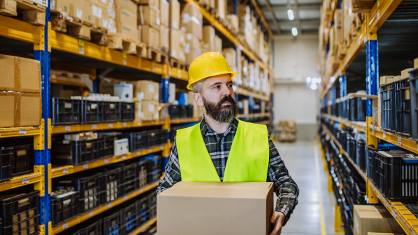 Warehouse worker stocking goods in warehouse.