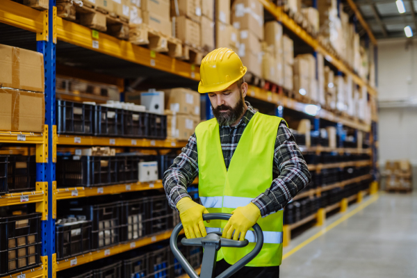 Male warehouse worker pushing the pallet truck.