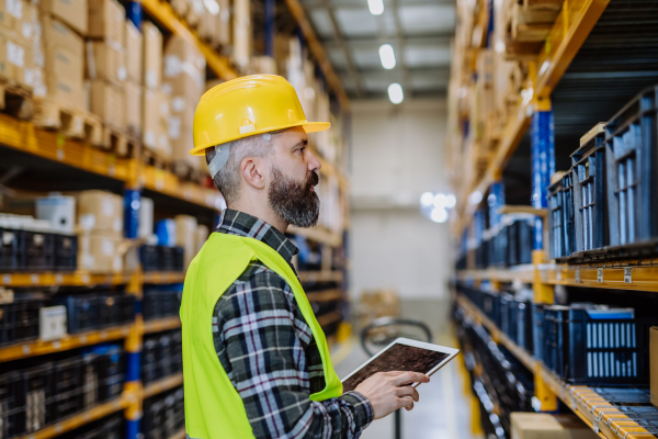 Portrait of a warehouse worker or a supervisor with digital tablet.