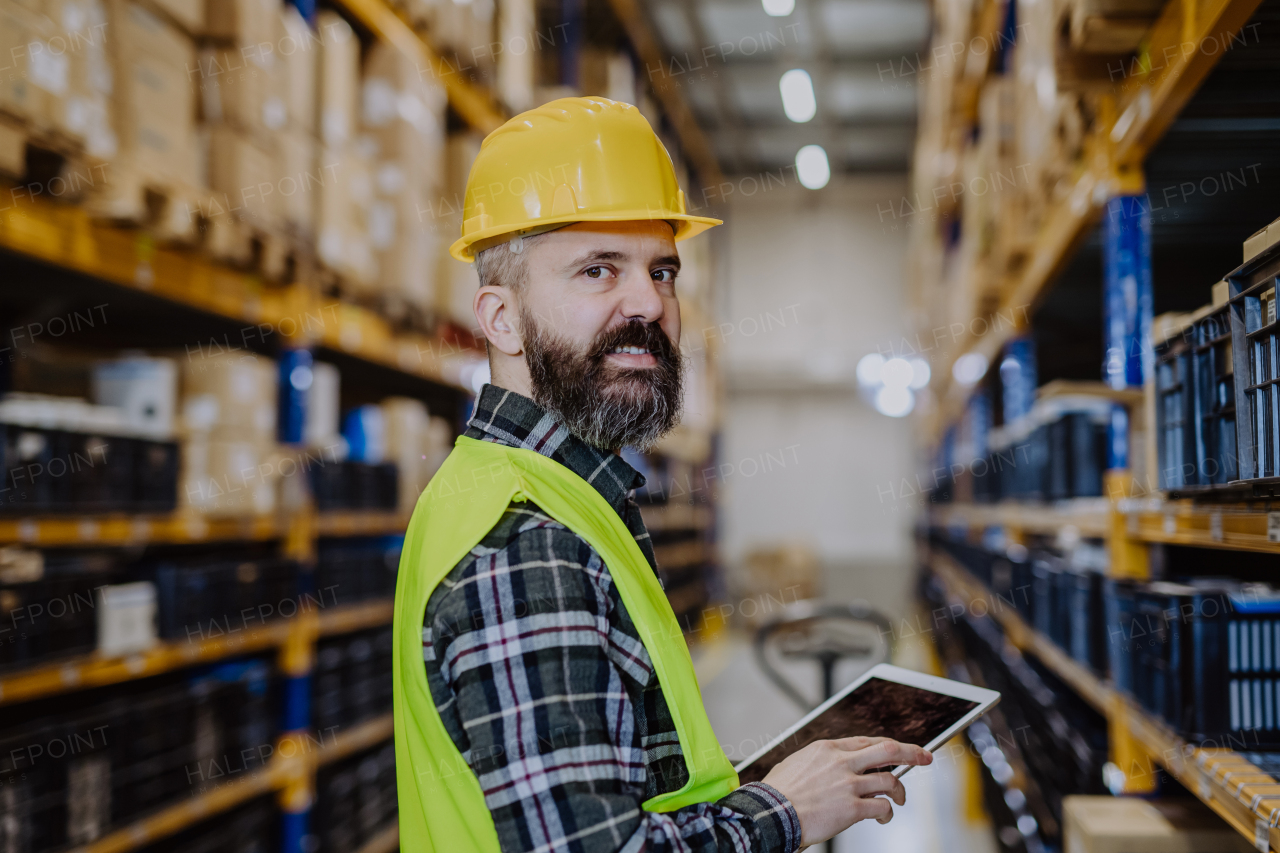 Portrait of a warehouse worker or a supervisor with digital tablet.