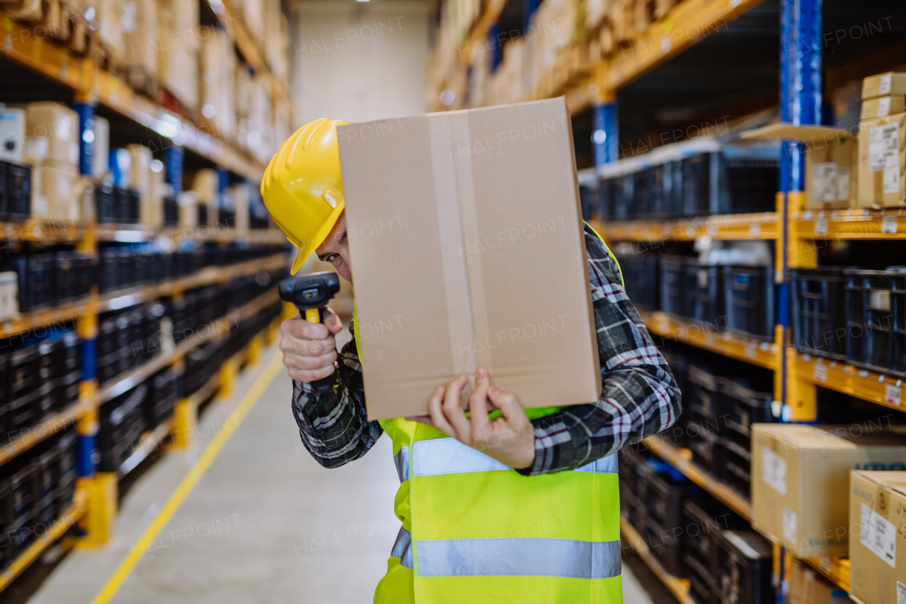 Warehouse worker stocking goods in warehouse.