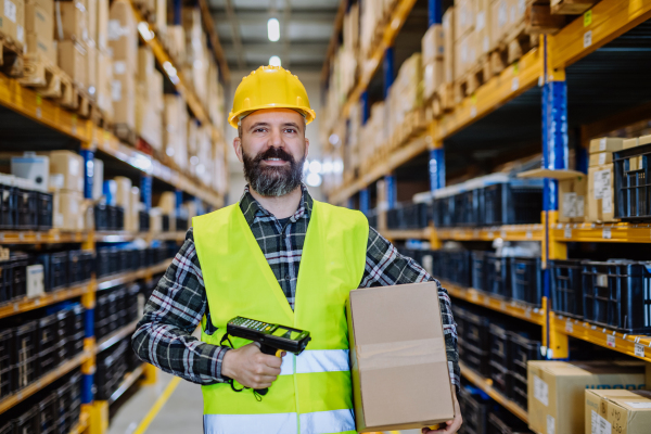 Warehouse worker stocking goods in warehouse.