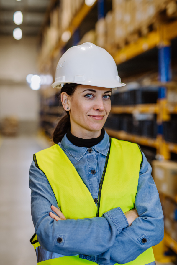 Portrait of a warehouse female worker in reflective vest.