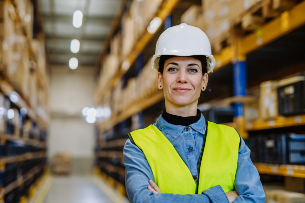 Portrait of a warehouse female worker in reflective vest.