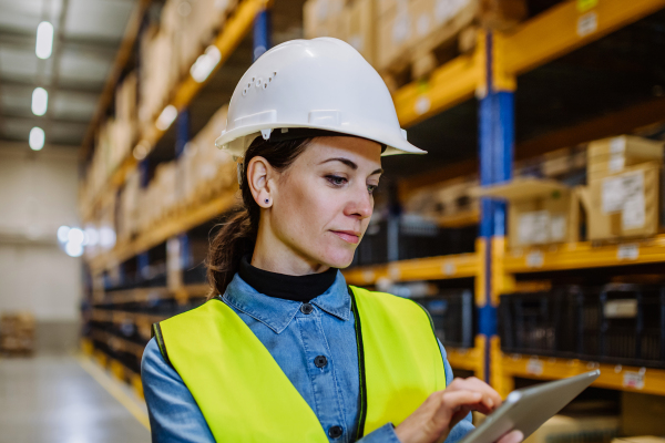 Warehouse female worker checking up stuff in warehouse.