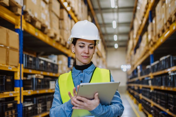 Warehouse female worker checking up stuff in warehouse.