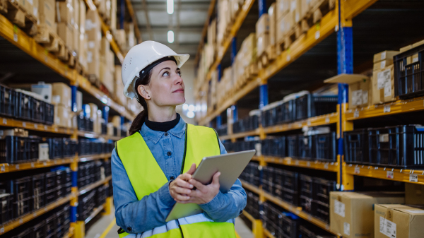 Warehouse female worker checking up stuff in warehouse.