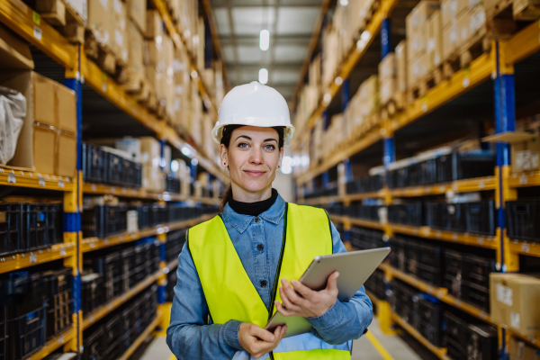 Warehouse female worker checking up stuff in warehouse.