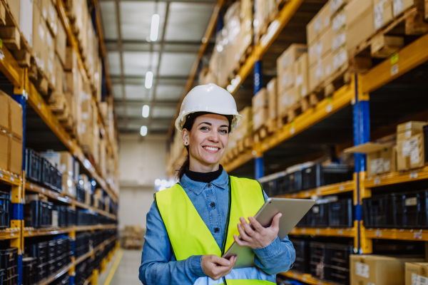 Warehouse female worker checking up stuff in warehouse.