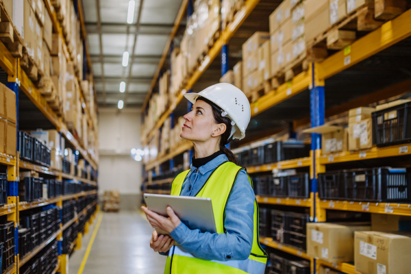 Warehouse female worker checking up stuff in warehouse.