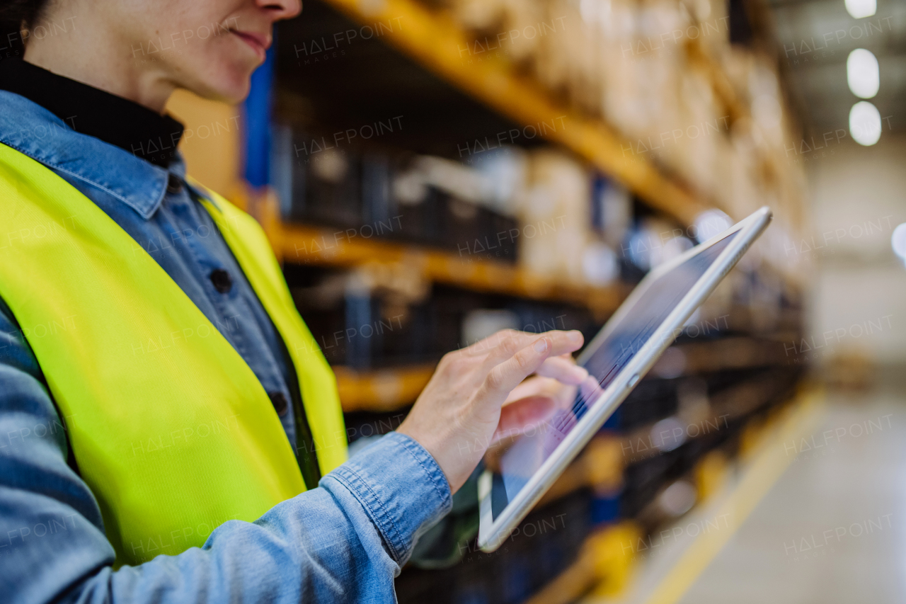 Warehouse female worker checking up stuff in warehouse.