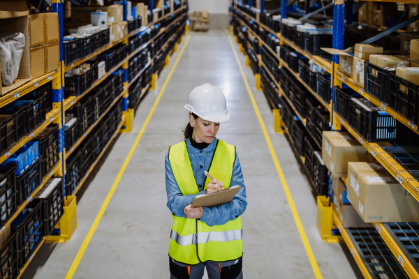 Warehouse female worker checking up stuff in warehouse.